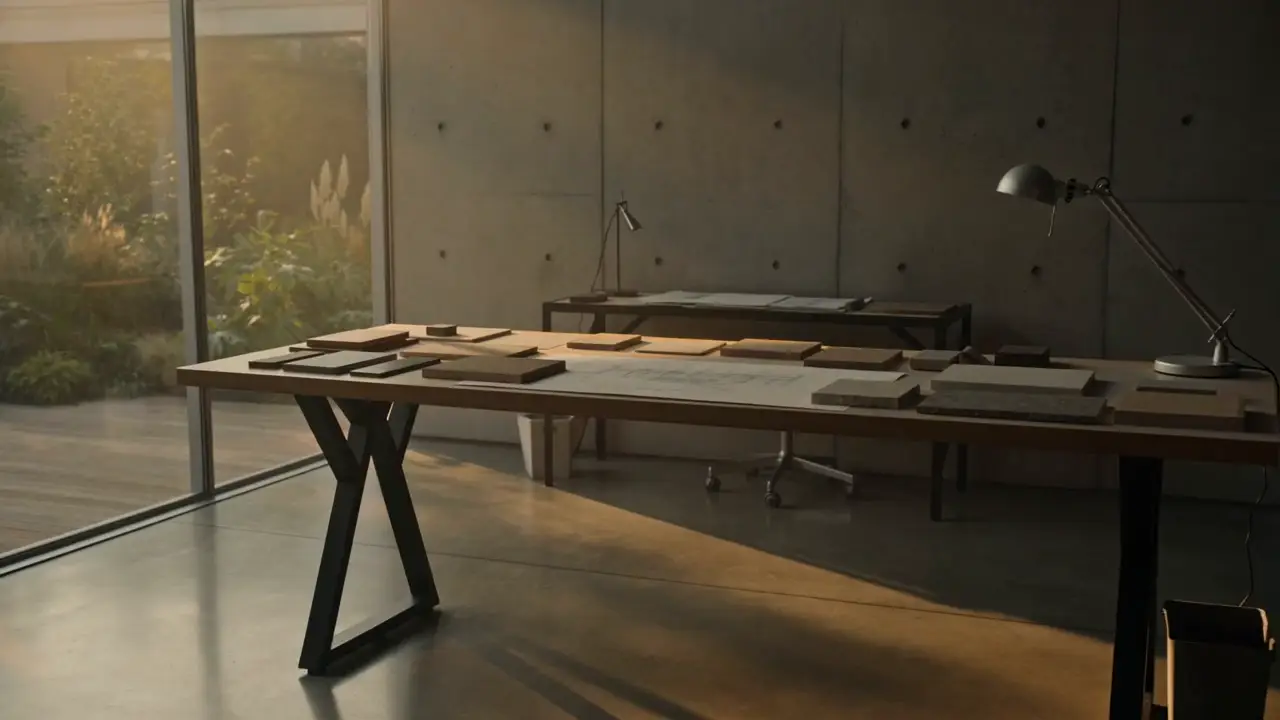 An architect's studio in warm morning light: a long desk of material samples beside a tall window